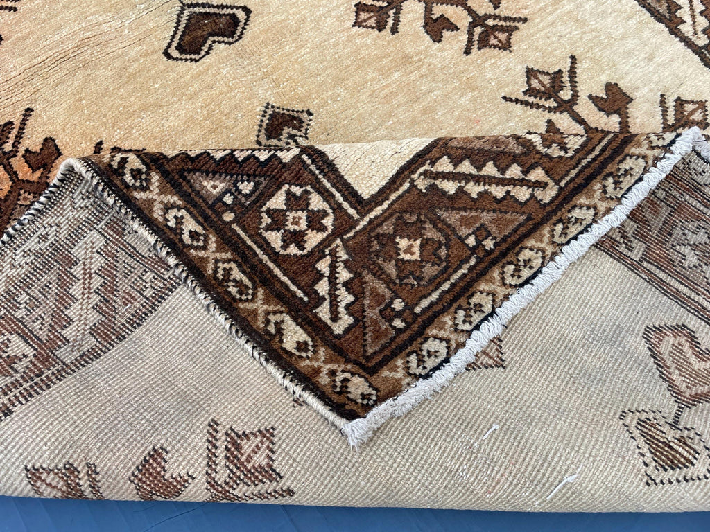 Vintage 3.6x6.4 Hallway Rug – Handwoven Tribal Geometric Runner, Beige Brown Wool Rug, Entryway Carpet