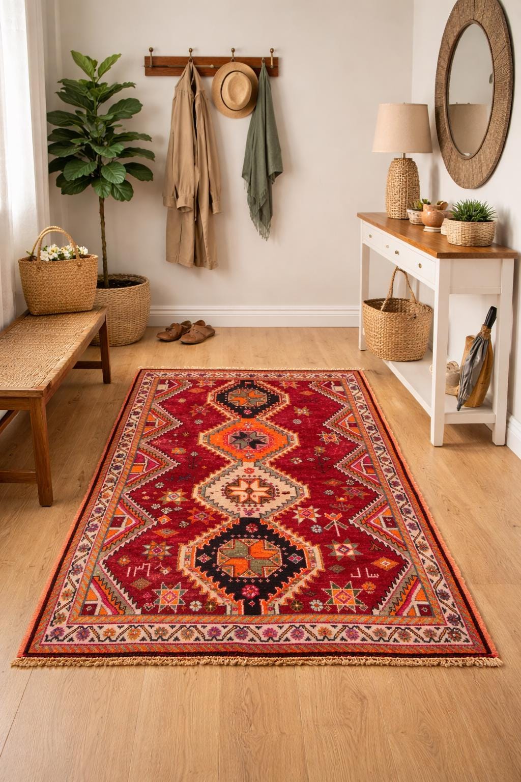Antique Style Afghan Tribal Rug 4'5x6'10 ft – Handmade Red Geometric Vintage Area Rug