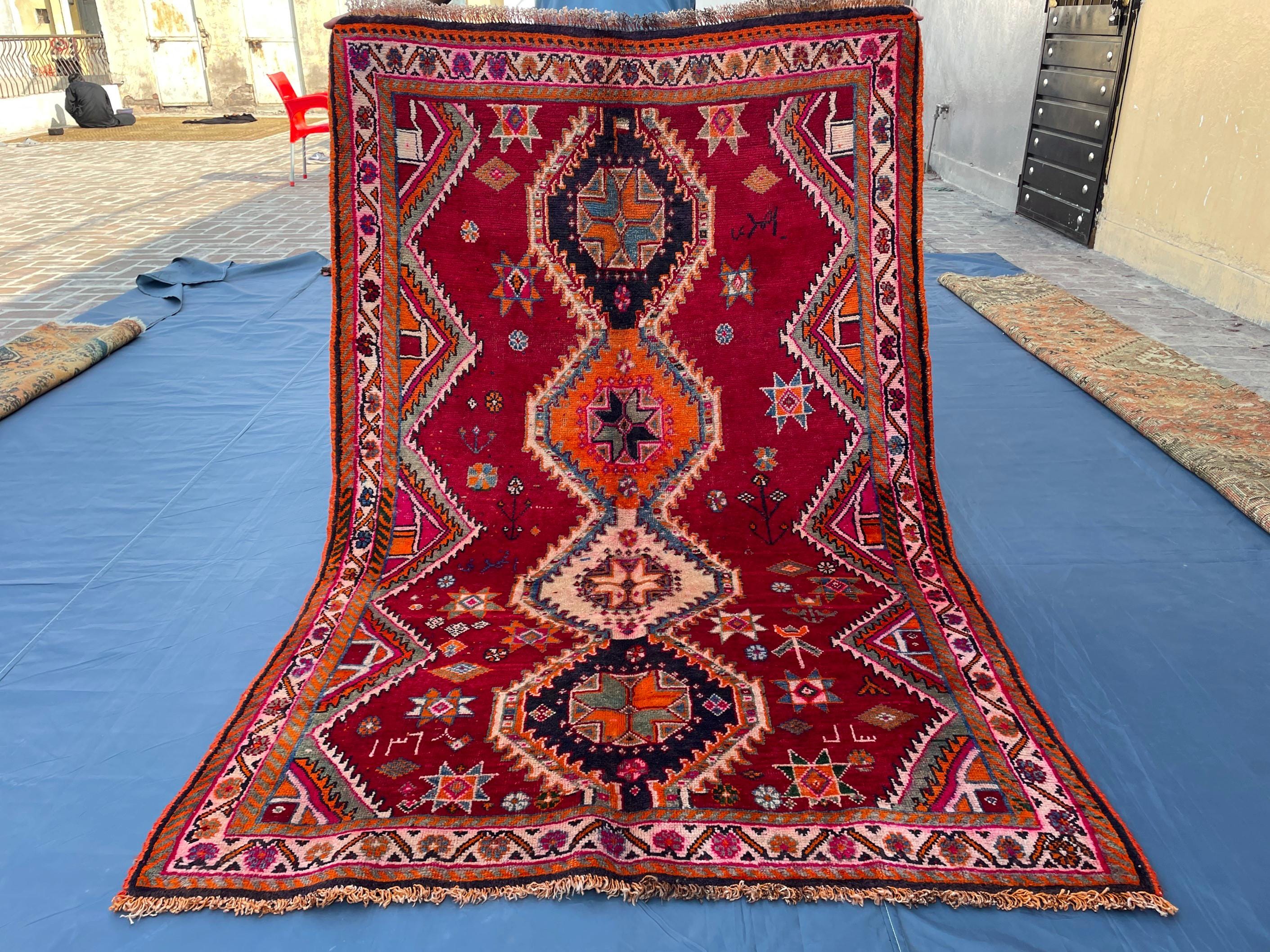 Antique Style Afghan Tribal Rug 4'5x6'10 ft – Handmade Red Geometric Vintage Area Rug