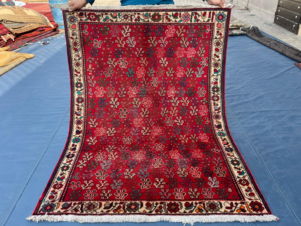 Vintage Handmade Afghan Rug 4x5 – Bold Red Tribal Wool Rug for Entryway or Bedroom