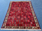 Vintage Handmade Afghan Rug 4x5 – Bold Red Tribal Wool Rug for Entryway or Bedroom