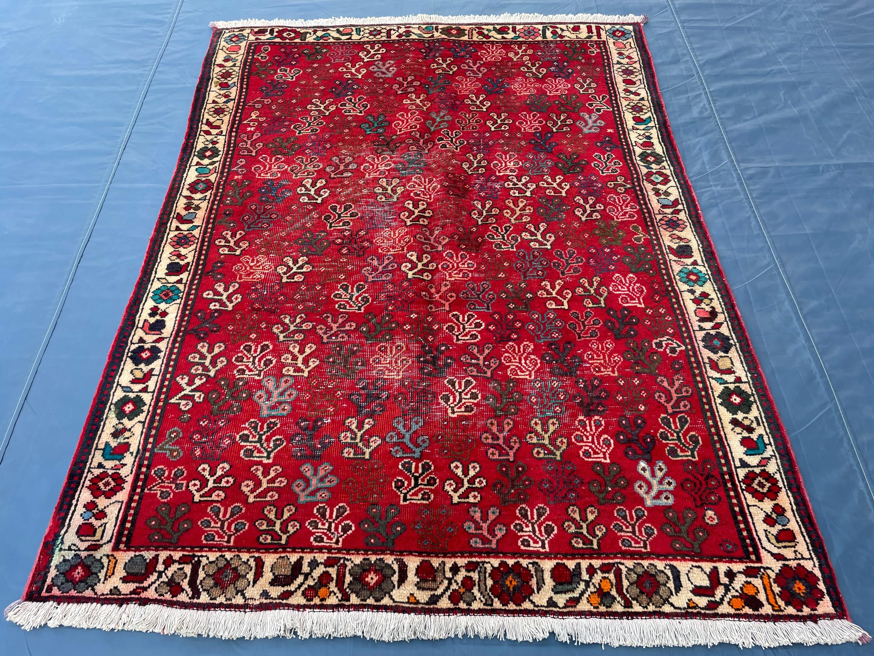 Vintage Handmade Afghan Rug 4x5 – Bold Red Tribal Wool Rug for Entryway or Bedroom