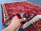 Vintage Handmade Afghan Rug 4x5 – Bold Red Tribal Wool Rug for Entryway or Bedroom