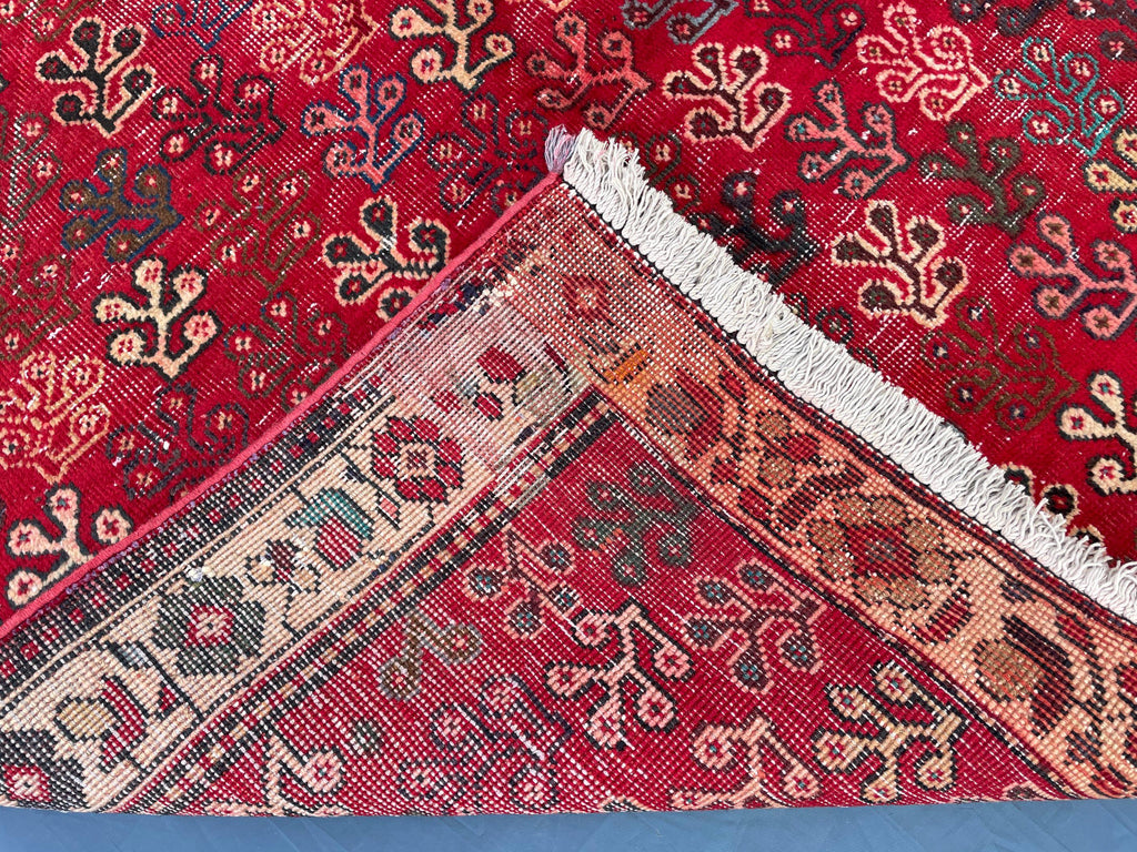 Vintage Handmade Afghan Rug 4x5 – Bold Red Tribal Wool Rug for Entryway or Bedroom