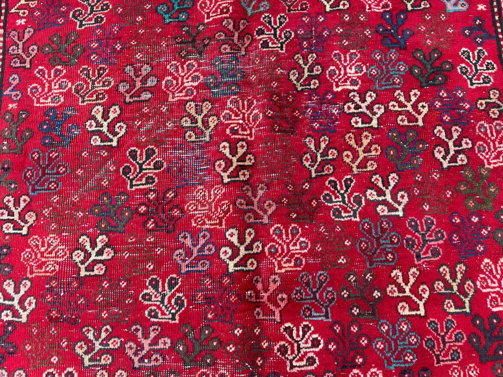 Vintage Handmade Afghan Rug 4x5 – Bold Red Tribal Wool Rug for Entryway or Bedroom
