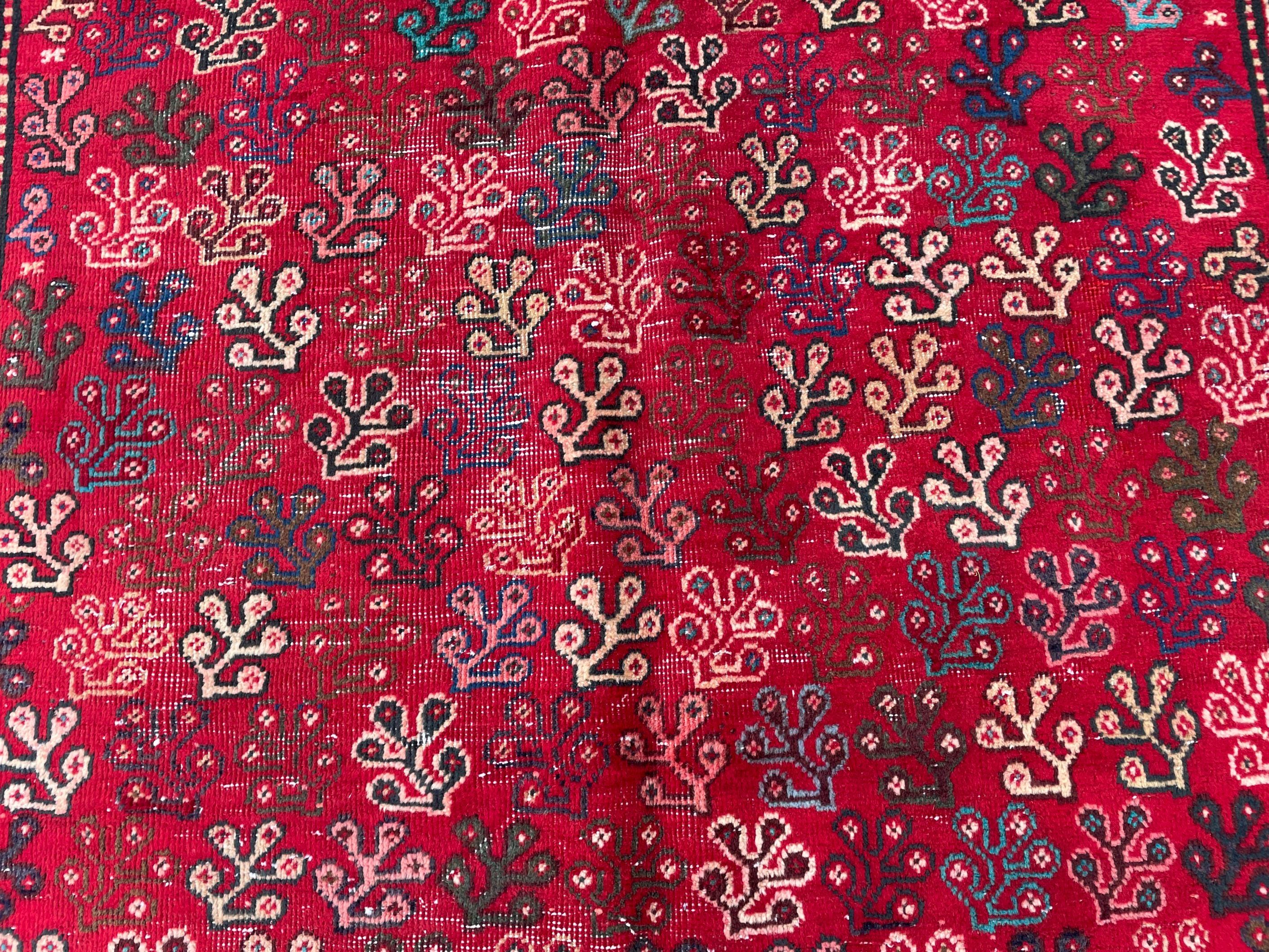 Vintage Handmade Afghan Rug 4x5 – Bold Red Tribal Wool Rug for Entryway or Bedroom