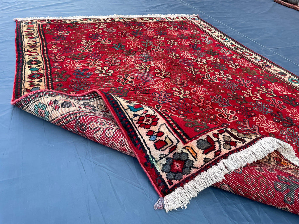Vintage Handmade Afghan Rug 4x5 – Bold Red Tribal Wool Rug for Entryway or Bedroom