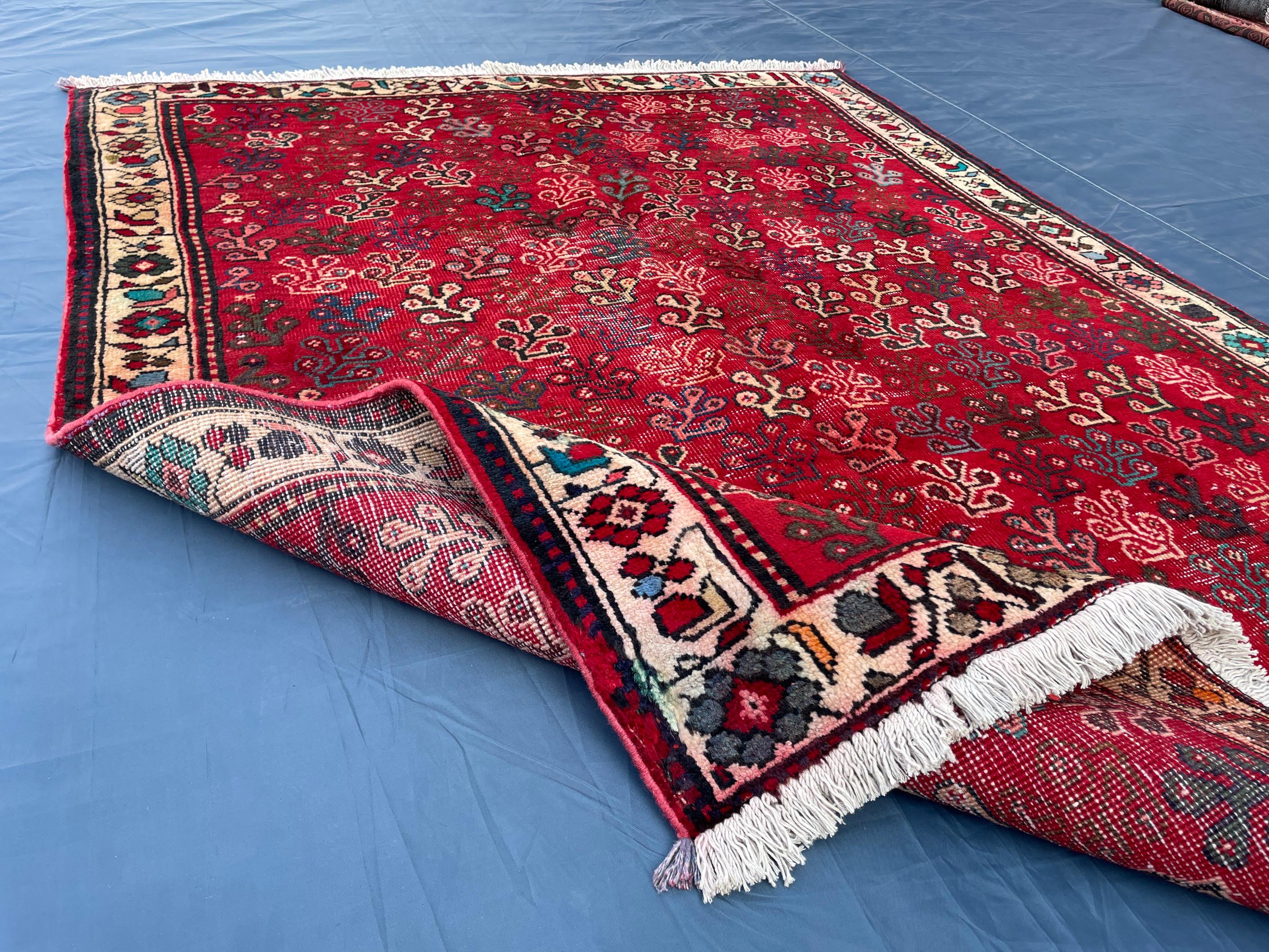 Vintage Handmade Afghan Rug 4x5 – Bold Red Tribal Wool Rug for Entryway or Bedroom