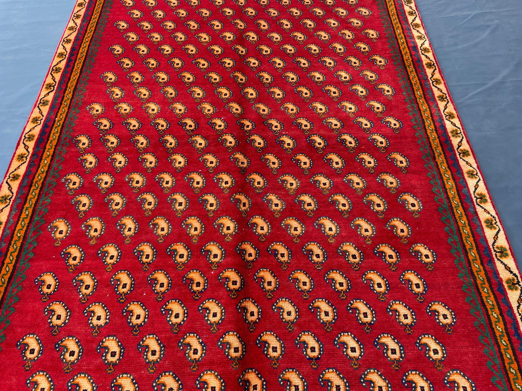 Paisley Design 4'7x8'1 Vintage Rug – Handmade Red Tribal Bokhara Style Wool Area Carpet