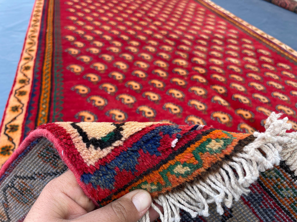 Paisley Design 4'7x8'1 Vintage Rug – Handmade Red Tribal Bokhara Style Wool Area Carpet