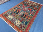 4x6 Caucasian Antique Wool Rug, Handmade Geometric Carpet for Living Room