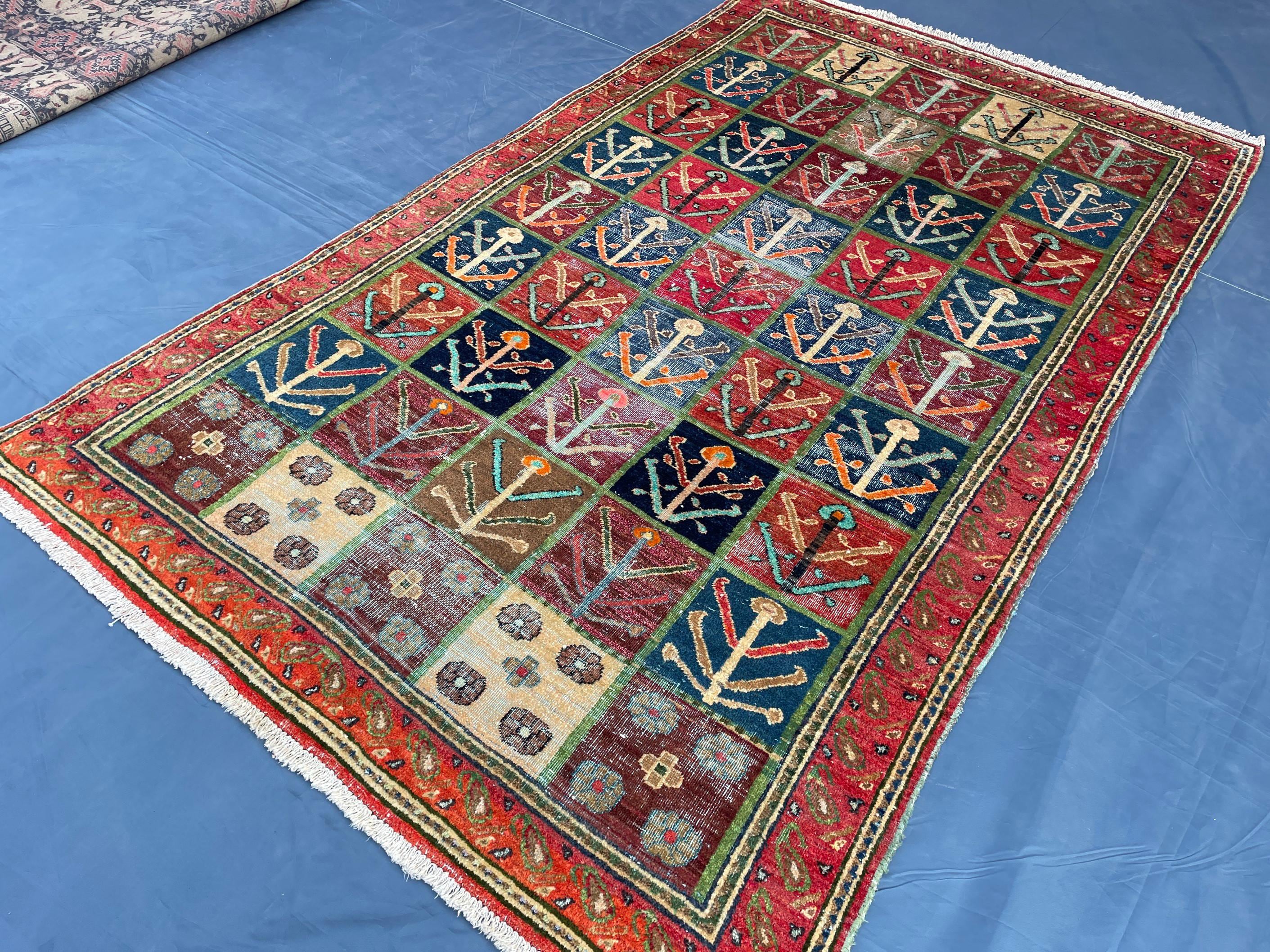 4x6 Caucasian Antique Wool Rug, Handmade Geometric Carpet for Living Room