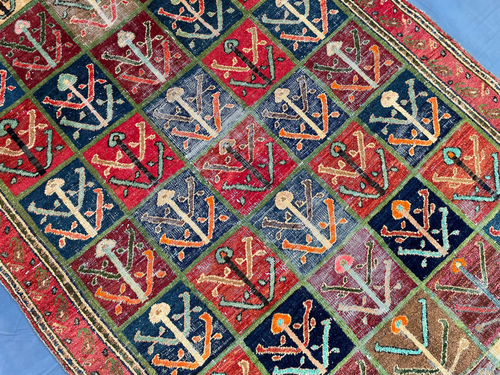 4x6 Caucasian Antique Wool Rug, Handmade Geometric Carpet for Living Room