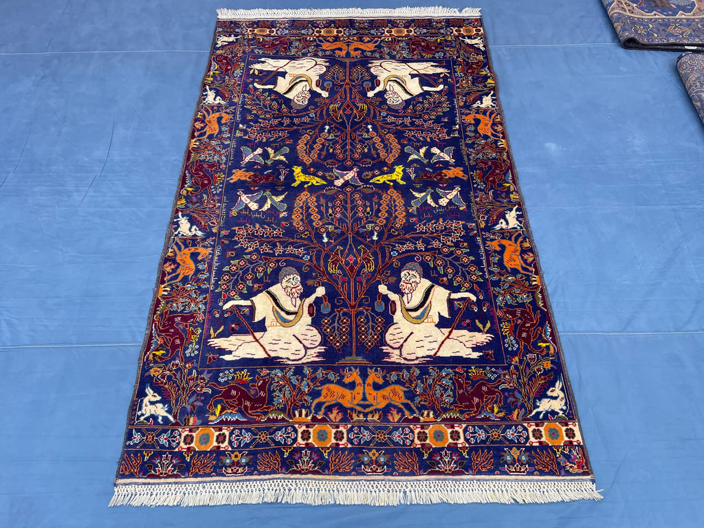 Vintage Animal Motif Rug 4x7 ft, Handmade Tribal Rug, Deep Blue Persian Style Carpet