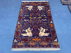 Vintage Animal Motif Rug 4x7 ft, Handmade Tribal Rug, Deep Blue Persian Style Carpet