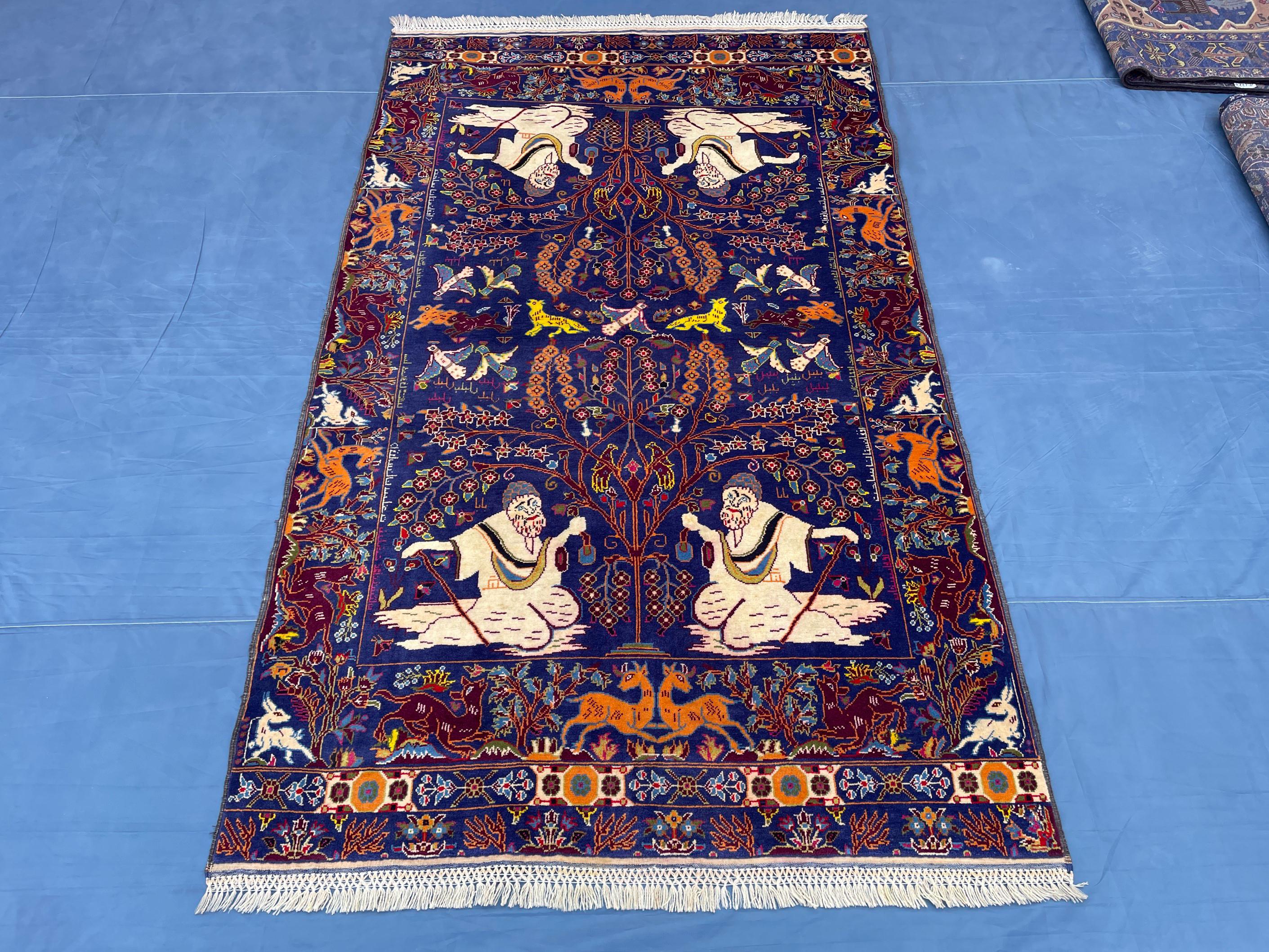 Vintage Animal Motif Rug 4x7 ft, Handmade Tribal Rug, Deep Blue Persian Style Carpet
