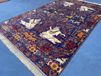 Vintage Animal Motif Rug 4x7 ft, Handmade Tribal Rug, Deep Blue Persian Style Carpet