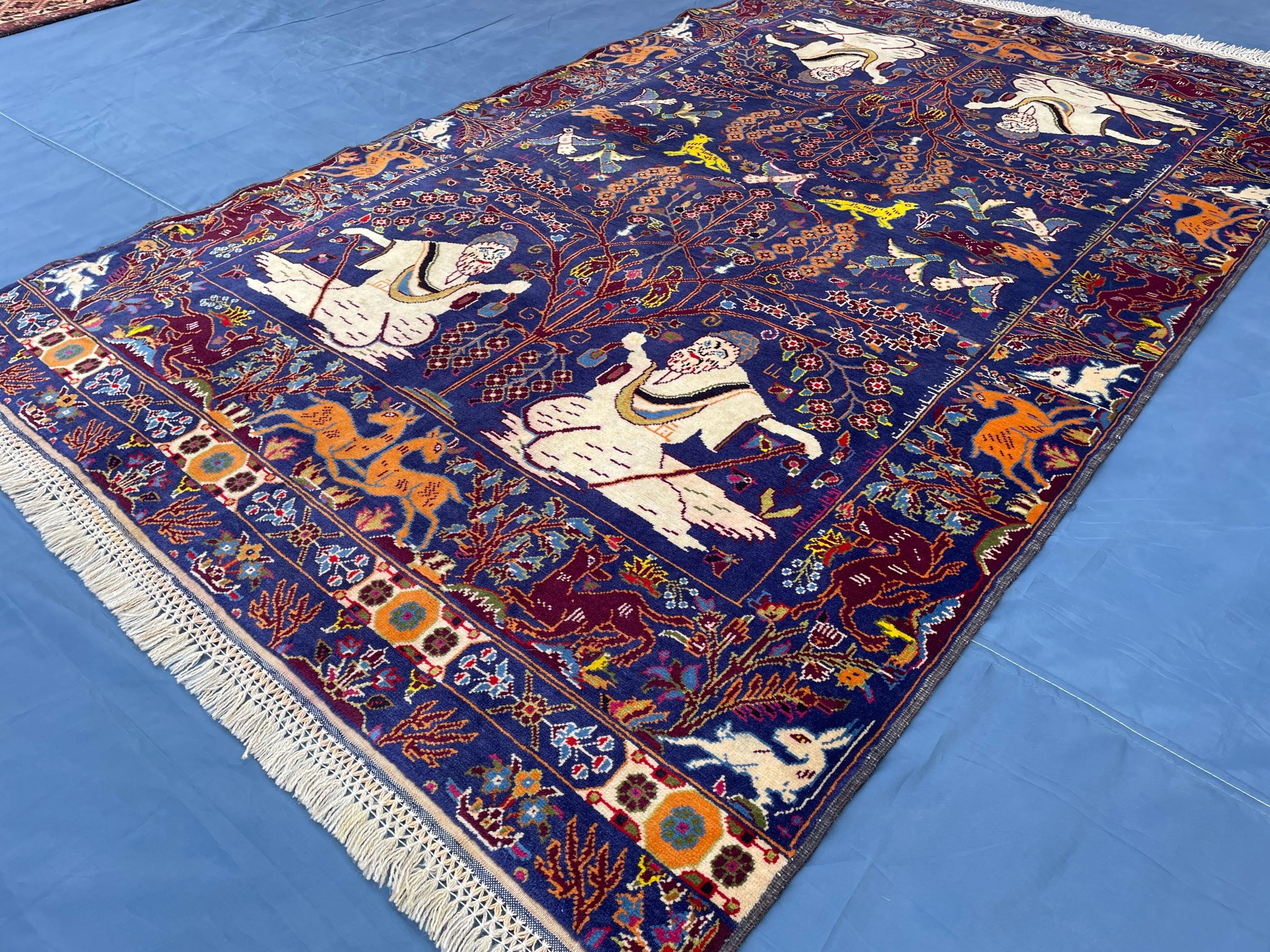 Vintage Animal Motif Rug 4x7 ft, Handmade Tribal Rug, Deep Blue Persian Style Carpet