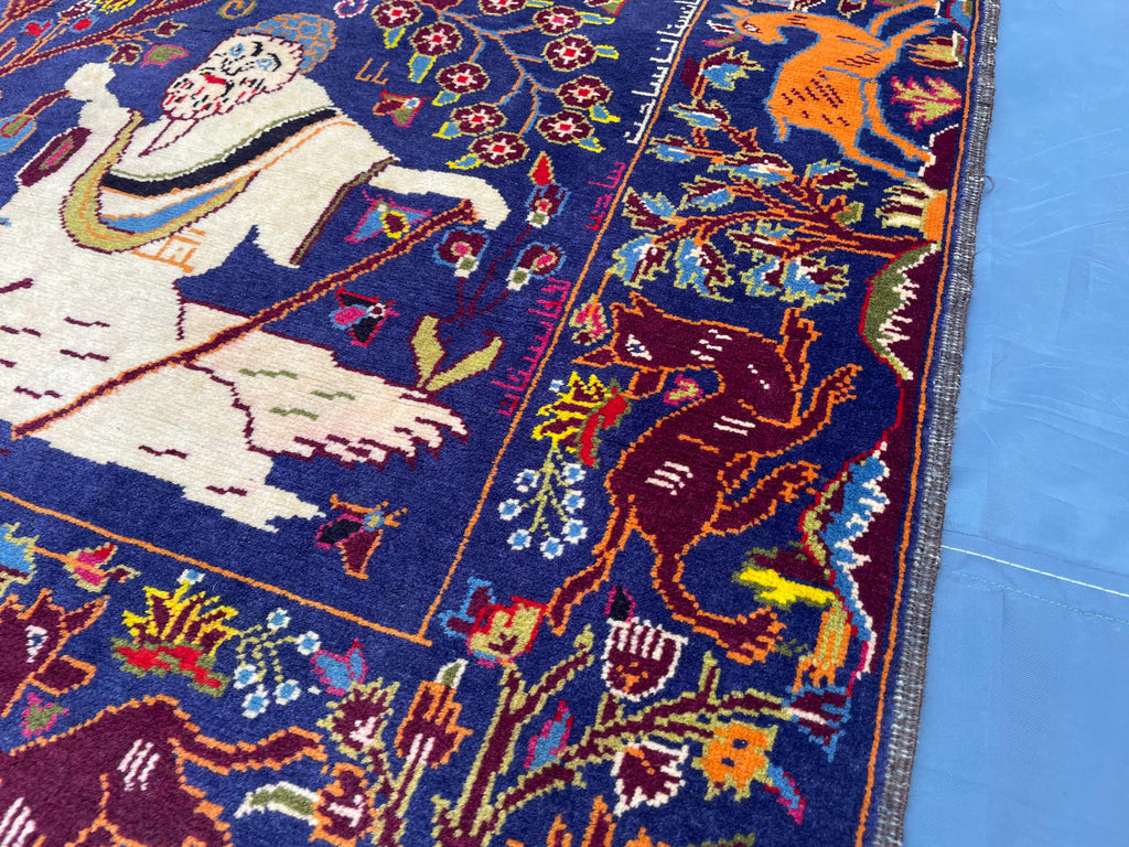 Vintage Animal Motif Rug 4x7 ft, Handmade Tribal Rug, Deep Blue Persian Style Carpet