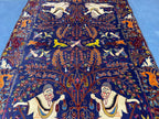 Vintage Animal Motif Rug 4x7 ft, Handmade Tribal Rug, Deep Blue Persian Style Carpet