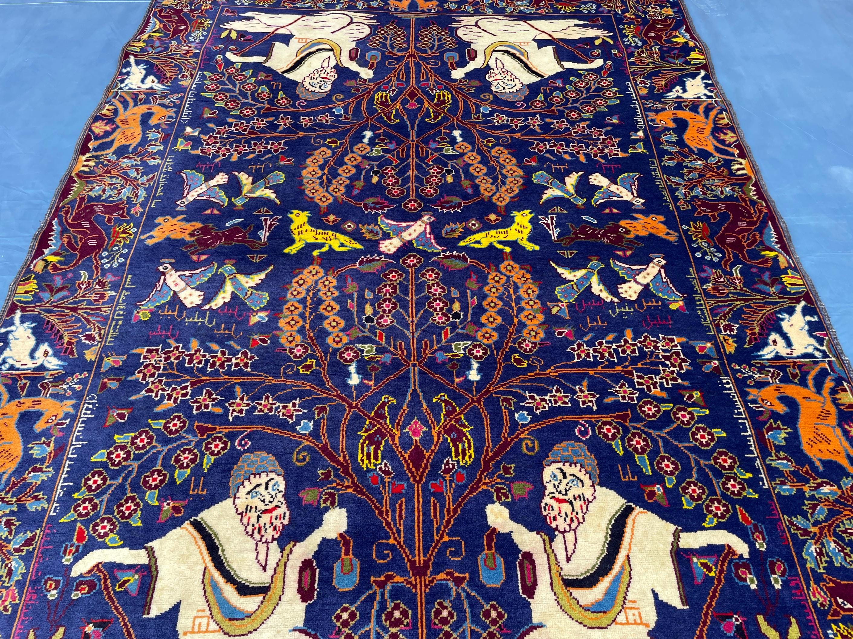 Vintage Animal Motif Rug 4x7 ft, Handmade Tribal Rug, Deep Blue Persian Style Carpet