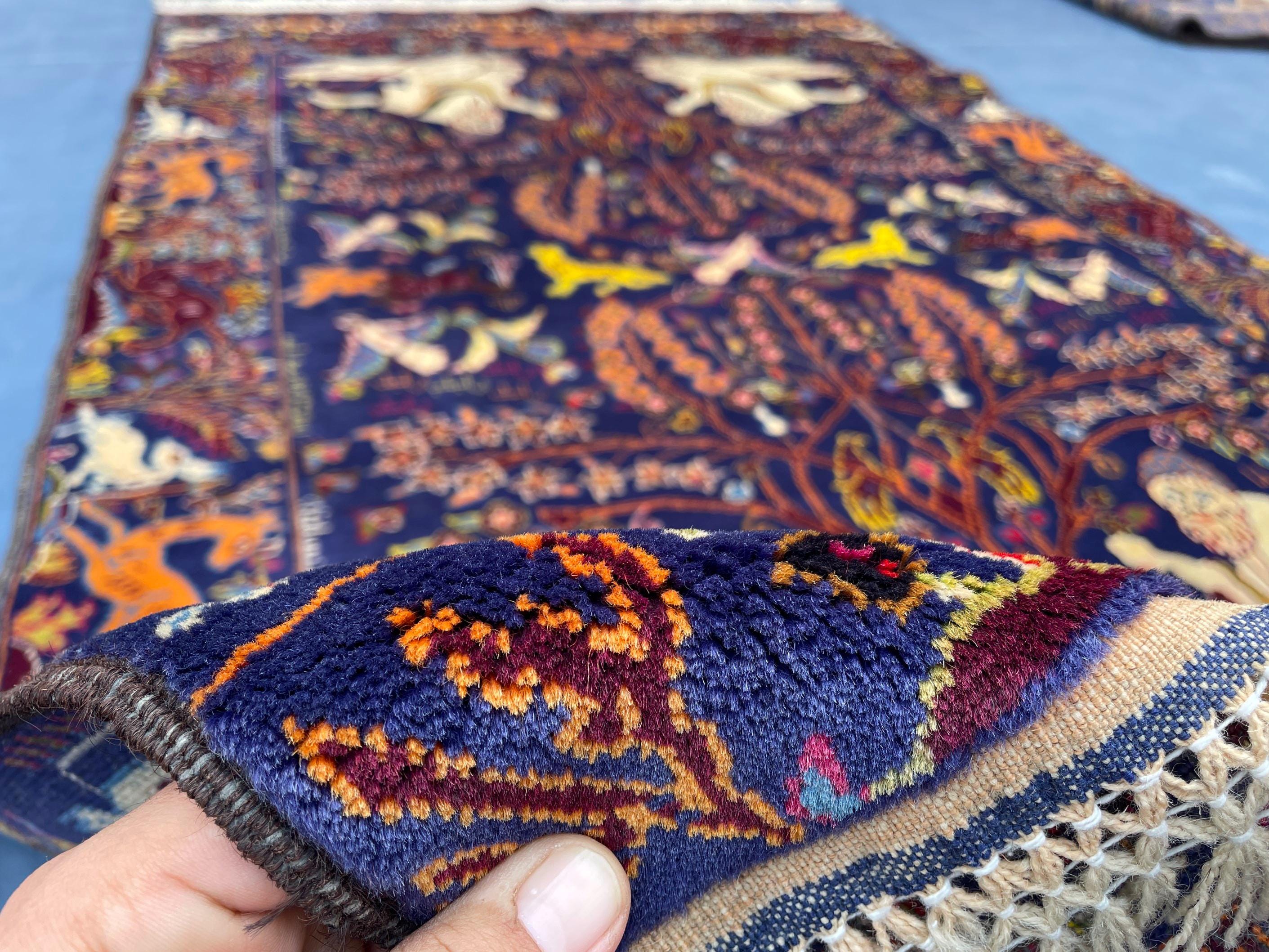 Vintage Animal Motif Rug 4x7 ft, Handmade Tribal Rug, Deep Blue Persian Style Carpet
