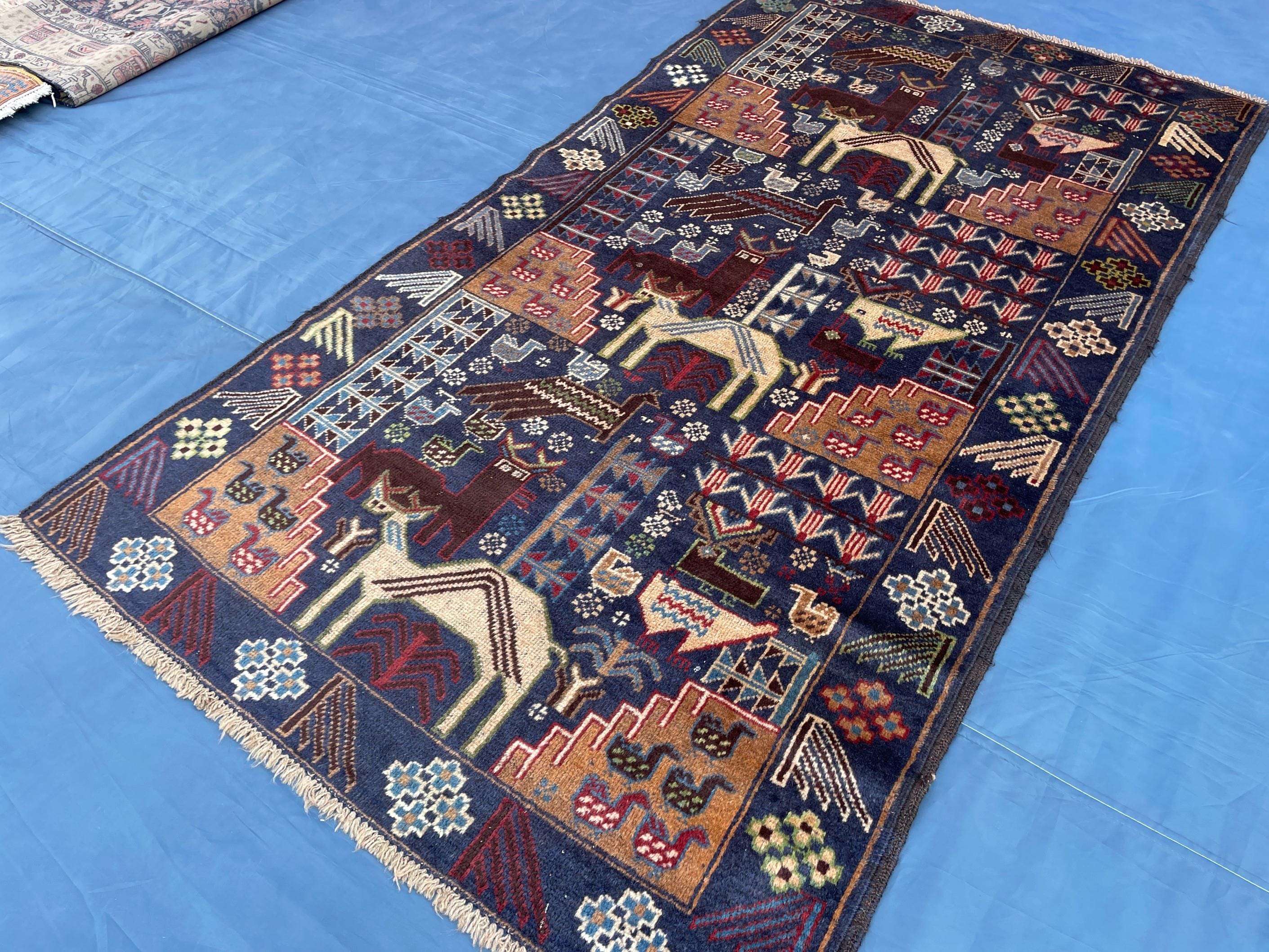 Vintage 4x7 ft Animal Motif Rug, Handmade Blue Tribal Carpet