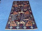 Vintage 4x7 ft Animal Motif Rug, Handmade Blue Tribal Carpet