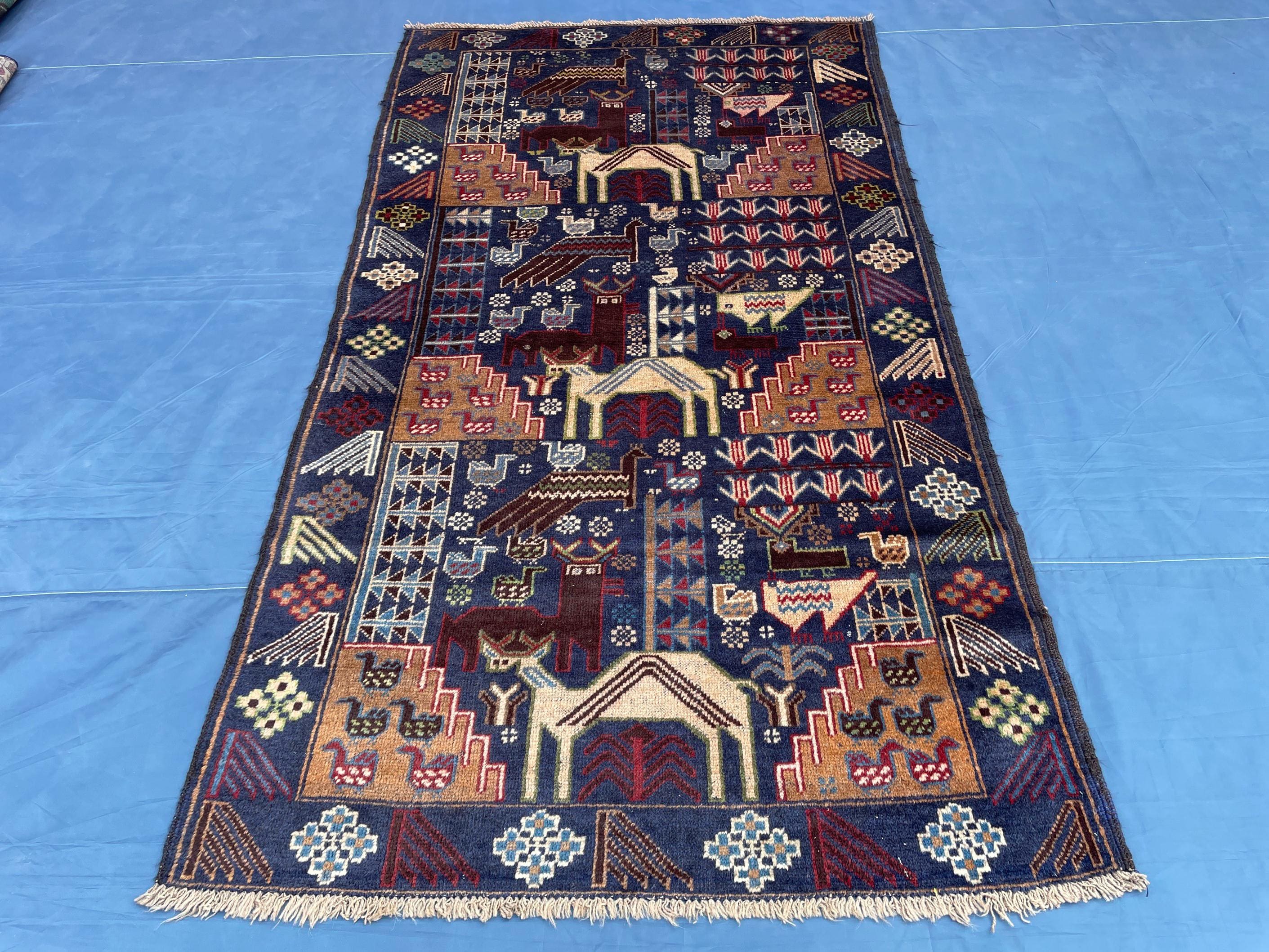 Vintage 4x7 ft Animal Motif Rug, Handmade Blue Tribal Carpet