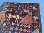 Vintage 4x7 ft Animal Motif Rug, Handmade Blue Tribal Carpet
