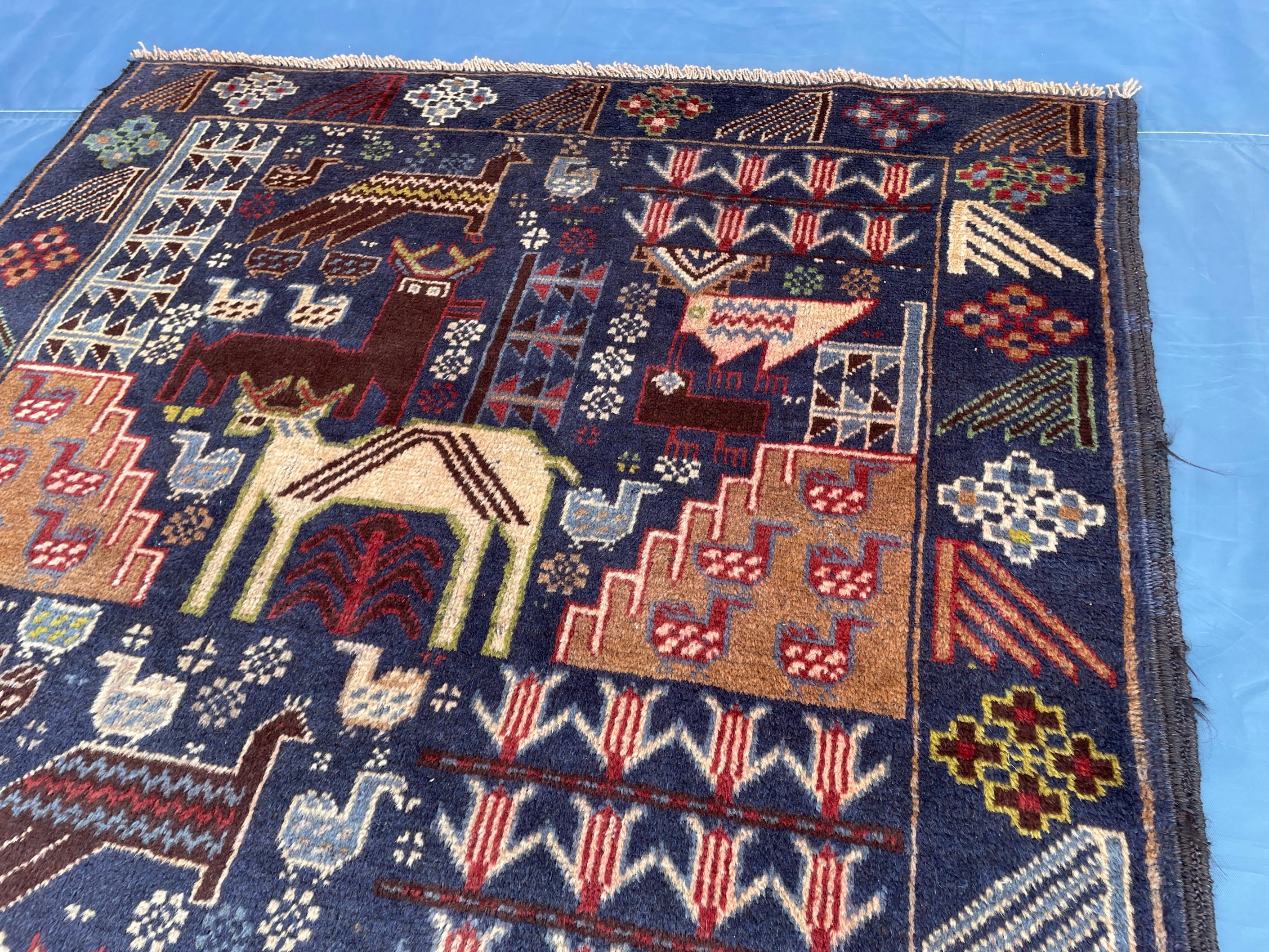 Vintage 4x7 ft Animal Motif Rug, Handmade Blue Tribal Carpet