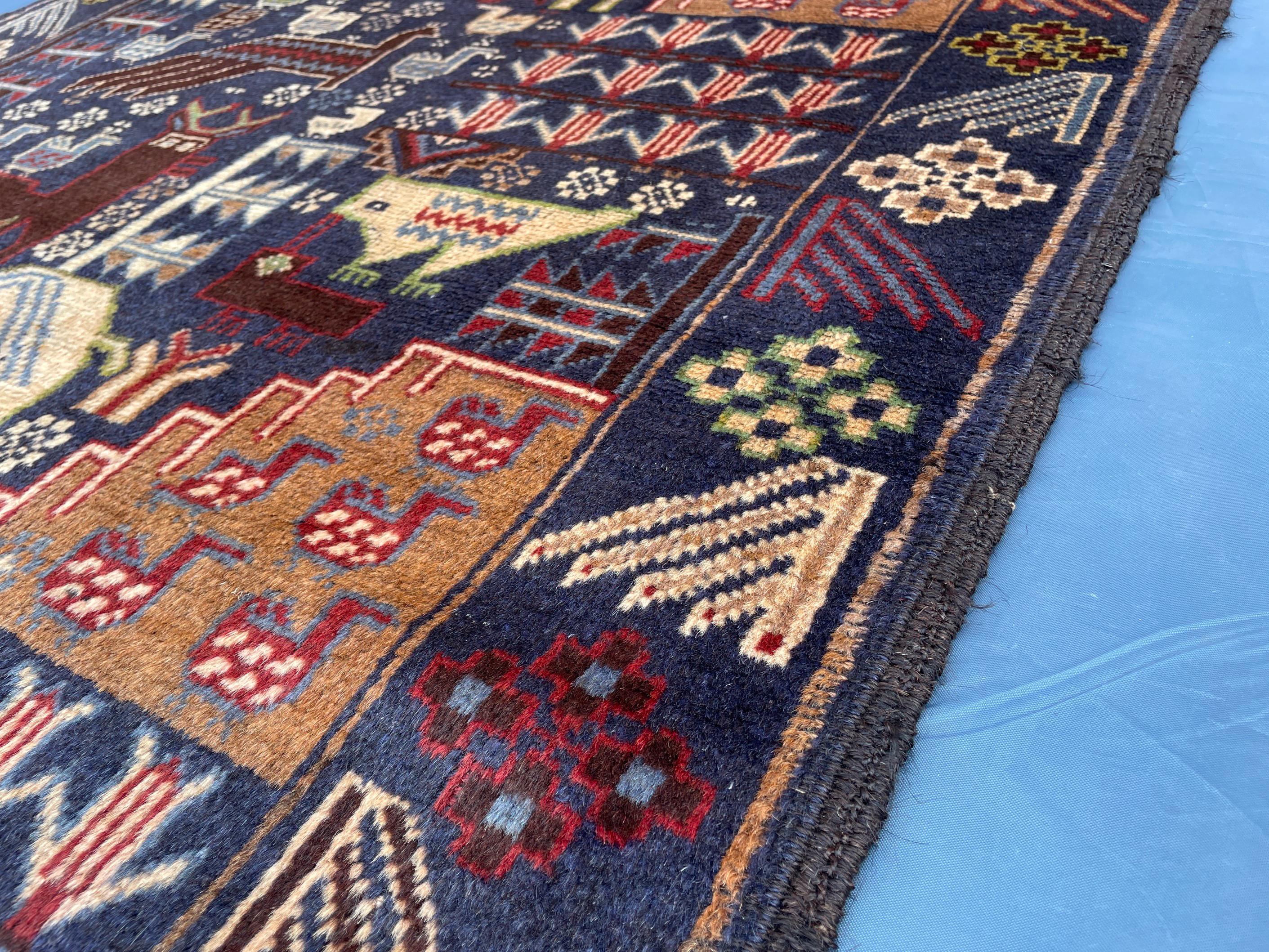 Vintage 4x7 ft Animal Motif Rug, Handmade Blue Tribal Carpet