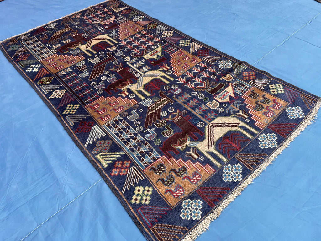 Vintage 4x7 ft Animal Motif Rug, Handmade Blue Tribal Carpet