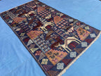 Vintage 4x7 ft Animal Motif Rug, Handmade Blue Tribal Carpet