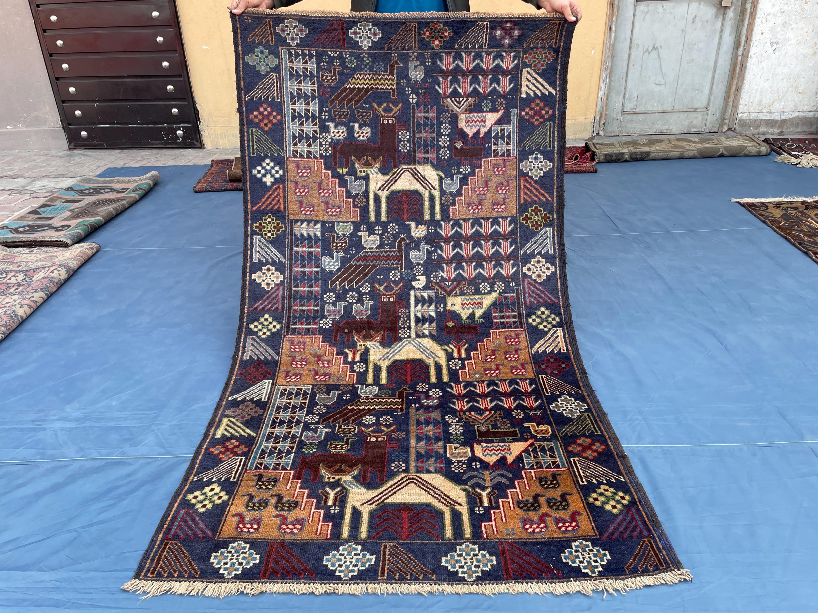 Vintage 4x7 ft Animal Motif Rug, Handmade Blue Tribal Carpet