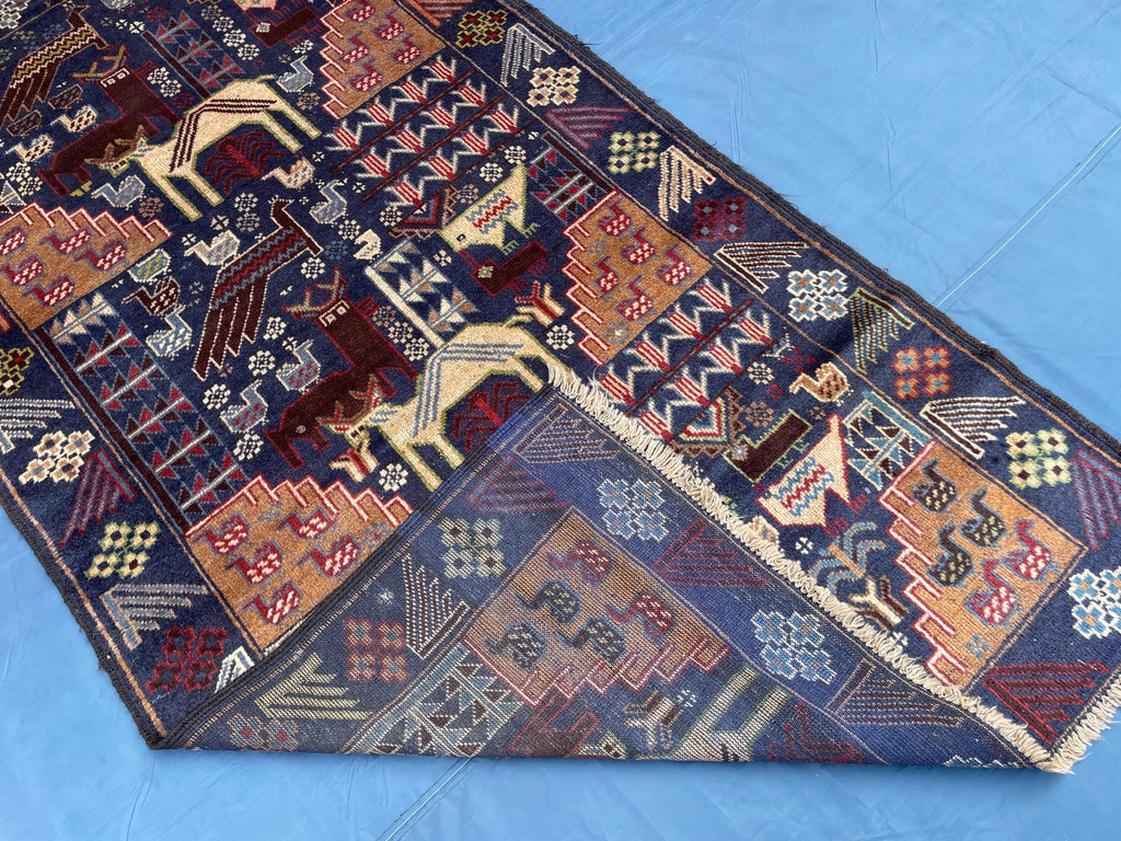 Vintage 4x7 ft Animal Motif Rug, Handmade Blue Tribal Carpet