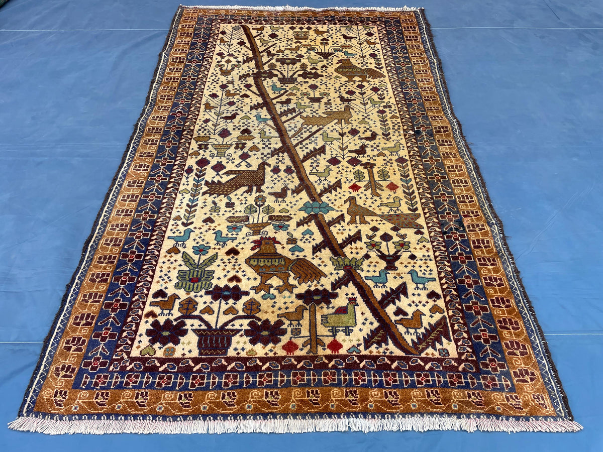 3x6 Pictorial Hallway Rug, Handmade Afghan Wool Vintage Carpet, Boho Home Decor