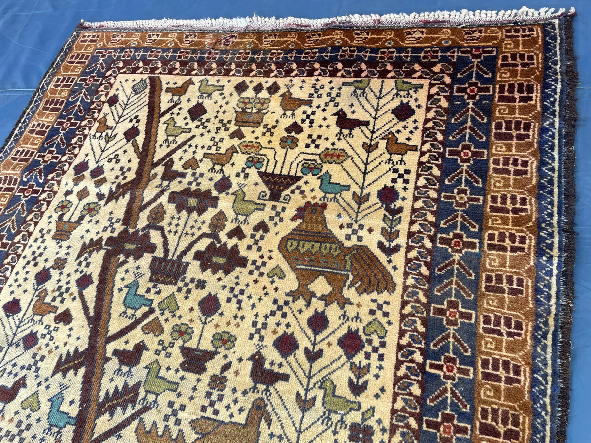 3x6 Pictorial Hallway Rug, Handmade Afghan Wool Vintage Carpet, Boho Home Decor
