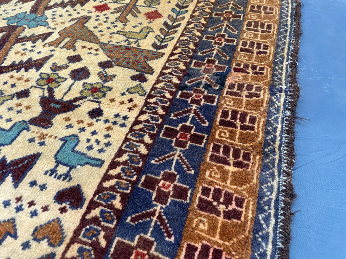 3x6 Pictorial Hallway Rug, Handmade Afghan Wool Vintage Carpet, Boho Home Decor
