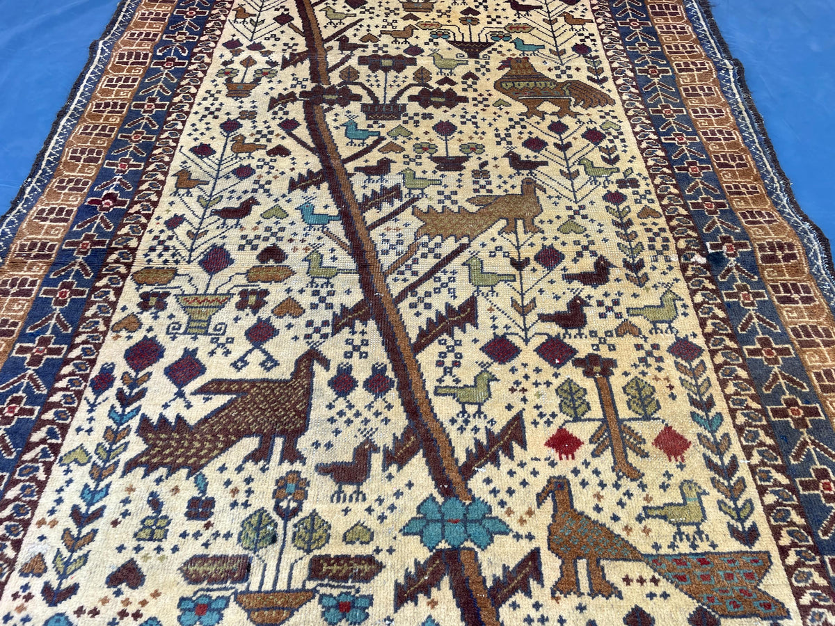 3x6 Pictorial Hallway Rug, Handmade Afghan Wool Vintage Carpet, Boho Home Decor