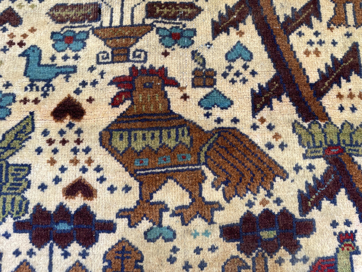 3x6 Pictorial Hallway Rug, Handmade Afghan Wool Vintage Carpet, Boho Home Decor