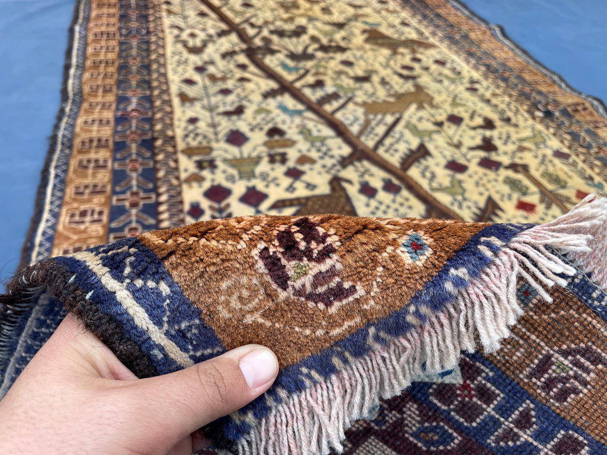 3x6 Pictorial Hallway Rug, Handmade Afghan Wool Vintage Carpet, Boho Home Decor