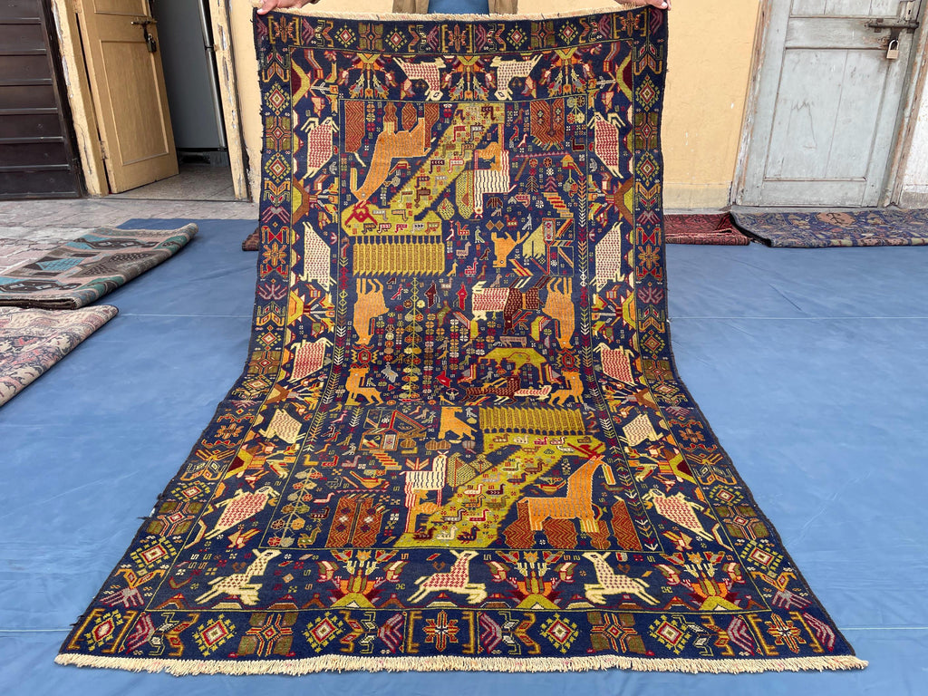 Vintage 4x7 ft Pictorial Tribal Rug, Deep Blue Animal Scene Carpet, Handwoven Folk Art