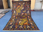 Vintage 4x7 ft Pictorial Tribal Rug, Deep Blue Animal Scene Carpet, Handwoven Folk Art