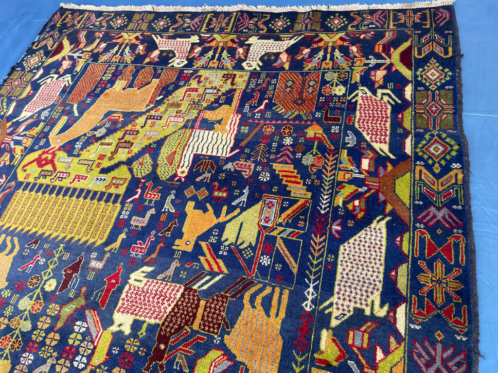 Vintage 4x7 ft Pictorial Tribal Rug, Deep Blue Animal Scene Carpet, Handwoven Folk Art