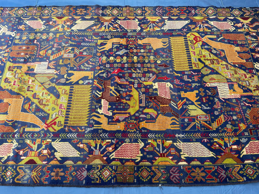 Vintage 4x7 ft Pictorial Tribal Rug, Deep Blue Animal Scene Carpet, Handwoven Folk Art