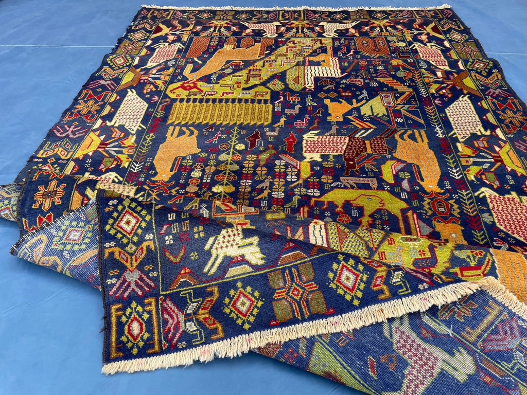 Vintage 4x7 ft Pictorial Tribal Rug, Deep Blue Animal Scene Carpet, Handwoven Folk Art
