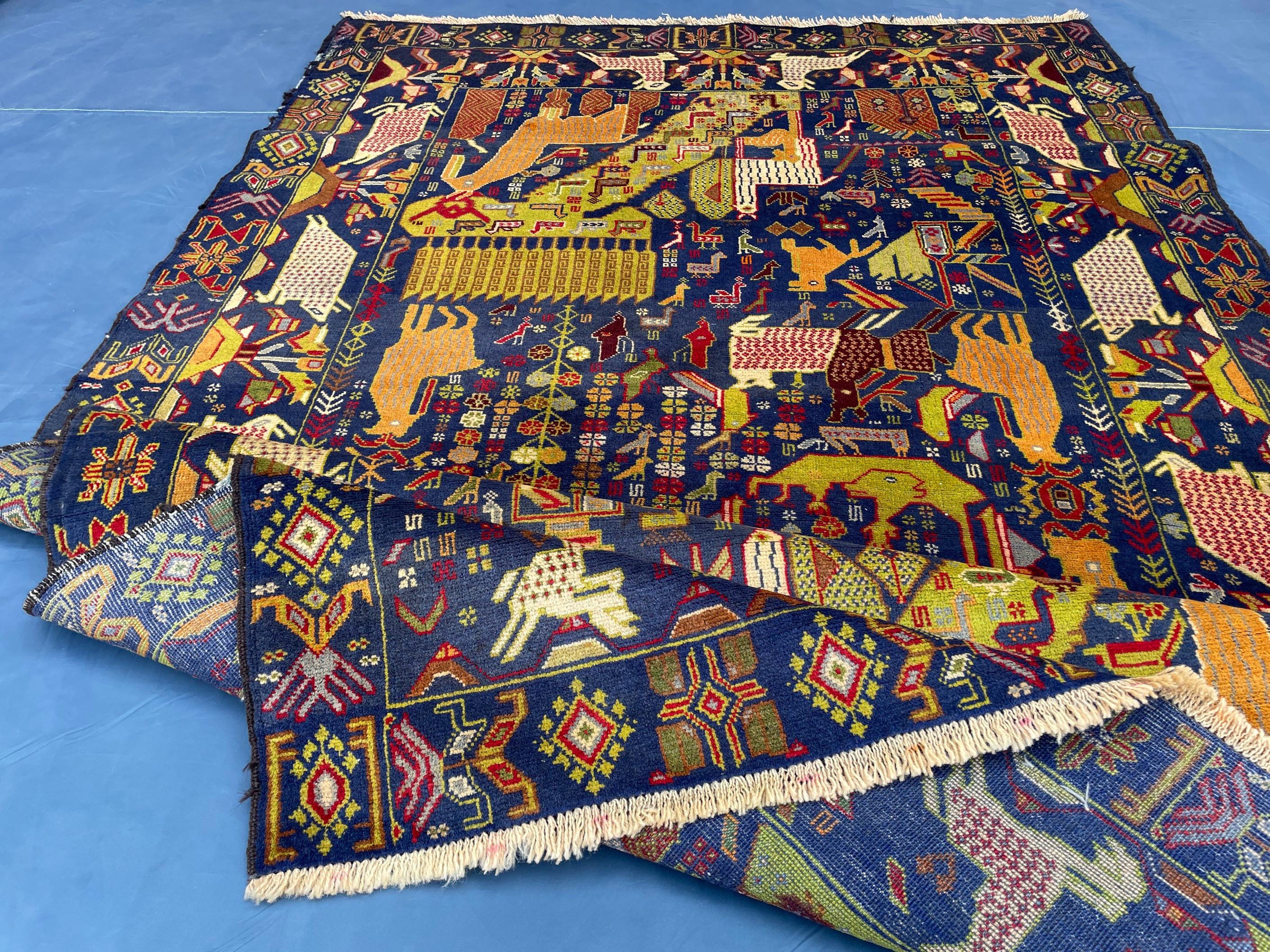 Vintage 4x7 ft Pictorial Tribal Rug, Deep Blue Animal Scene Carpet, Handwoven Folk Art