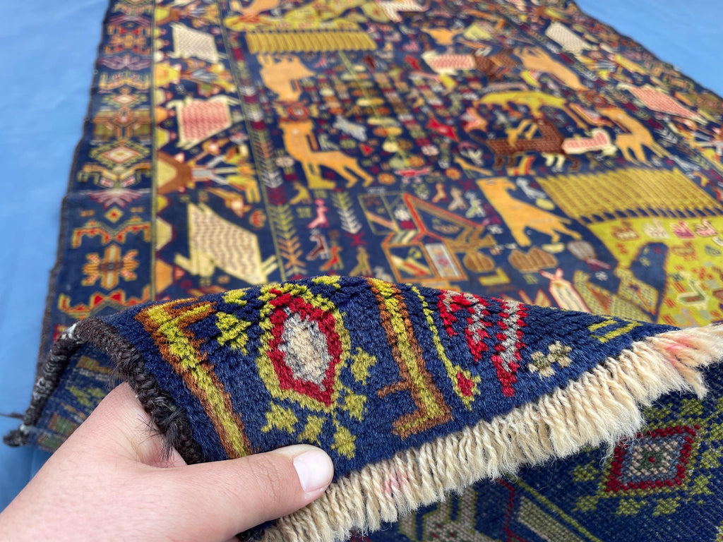 Vintage 4x7 ft Pictorial Tribal Rug, Deep Blue Animal Scene Carpet, Handwoven Folk Art