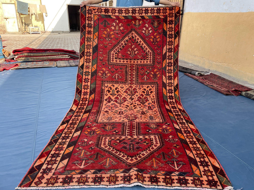 4x9 Rustic Red Vintage Handwoven Wool Rug, Carpet for Farmhouse